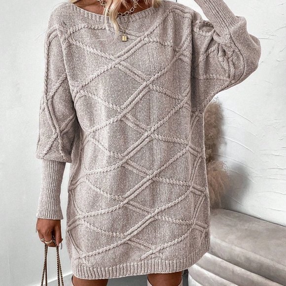 Apricot Casual Womens Solid Color Batwing Sleeve Sweater Dress - Picture 3 of 5